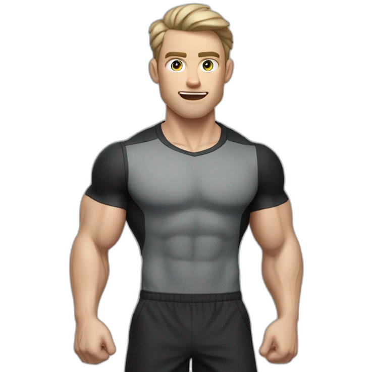 Surprised Pale skinned Fit Man With the biceps and dark brown hair in black shirt, gray sports shorts and white Sneakers emoji