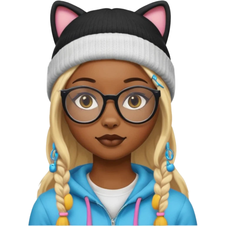 black skin, Blonde girl wearing cat  glasses and beanie, long hair emoji
