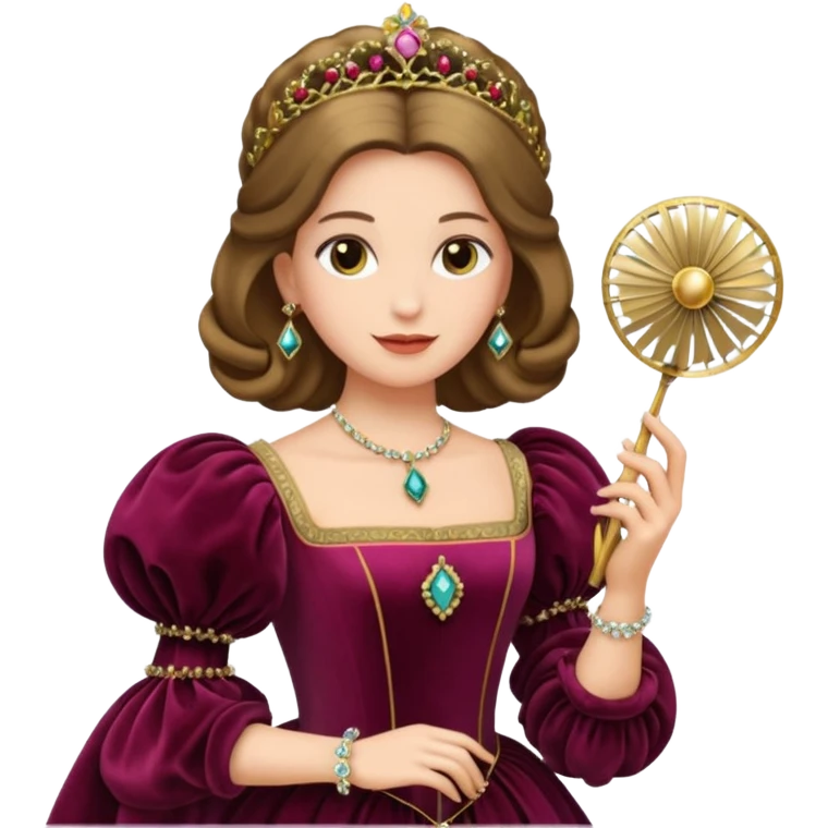 An emoji portrait of a Renaissance Italian princess. She wears a sumptuous velvet gown with a square neckline and puffed sleeves. Her hair is styled with a jeweled ferronnière, and her expression is poised and intelligent. She is holding a small, delicate fan. emoji