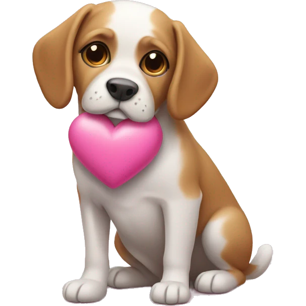 Dog holding a pink heart emoji