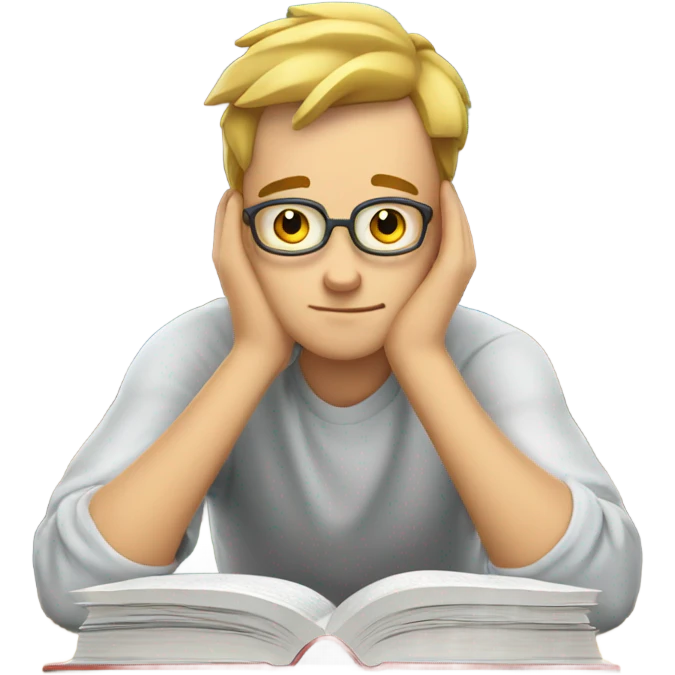 bored white student leaning on hand books  emoji