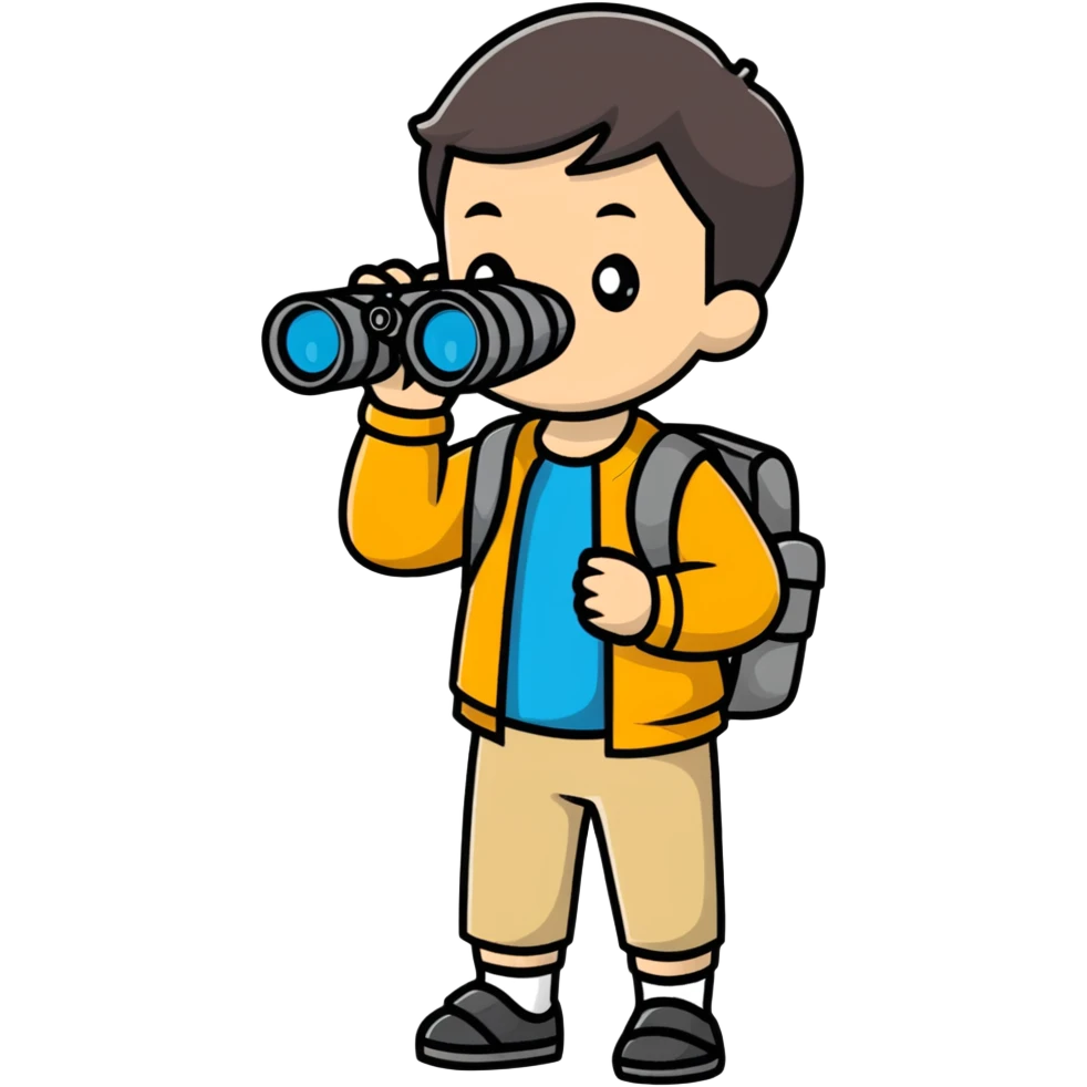 young explorer kid with backpack and binoculars emoji