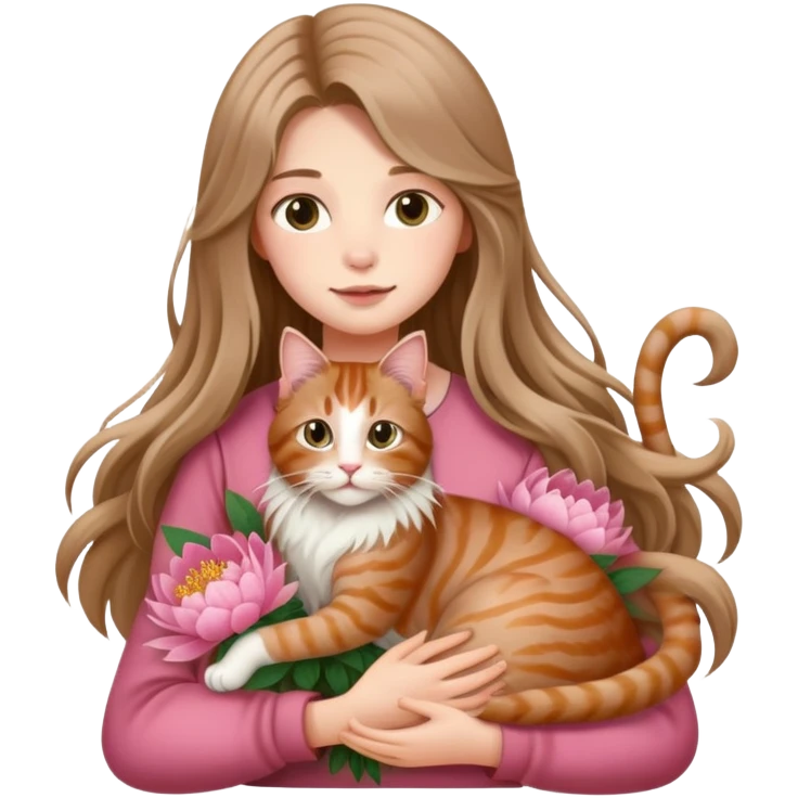 A long haired girl holding a long haired tabby in peony emoji