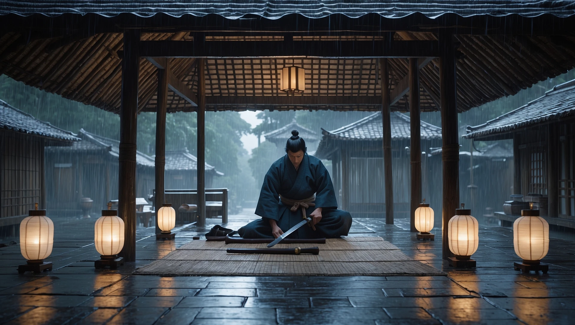 A cinematic scene from 1185, motion blur, wide shot of Taro polishing his katana in a bamboo hut, rain on roof, lamp-lit, symmetrical, gray-blue palette, tense, Arri Alexa, Wes Anderson. emoji