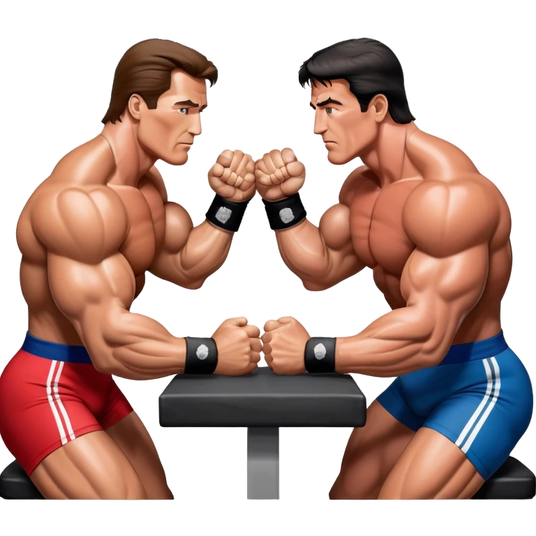 Arnold Schwarzenegger VS Sylvester Stallone from 'Over the Top,' locked in an arm wrestling battle, using only their right hands. Their left hands rest on the table. Both display immense strength, with muscular arms flexing, under bright competition lights. Transparent background. emoji