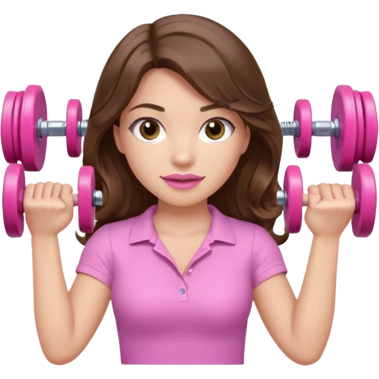 girl with wavy long brown hair, brown eyes, light to medium complexion, long lashes, light pink lipstick, wearing light pink shirt, lifting a pink dumbell weight emoji