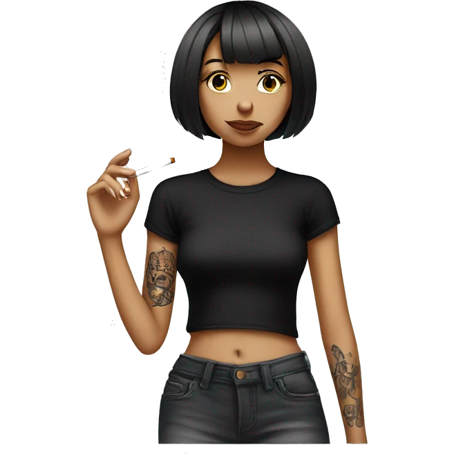skinny girl with bob haircut smoking cigarette, she is wearing black t-shirt and has lotus tattoo on her shoulder emoji