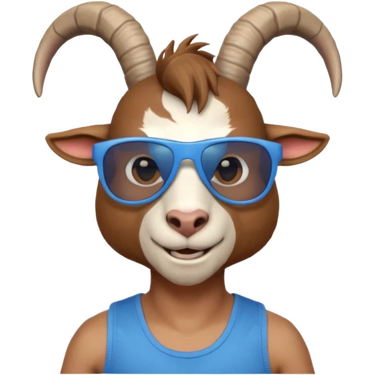 3D cartoon goat man portrait, head and shoulders, brown fur, small horns, blue reflective sunglasses, slight smile, tank top, soft lighting, centered, clean background, no text, no watermark
 emoji
