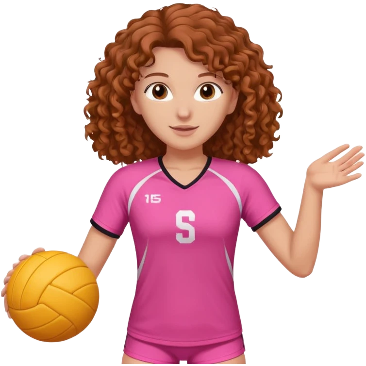 white volleyball player with brown curly hair & pink outfit (long hair) precision details + white and orange ball emoji