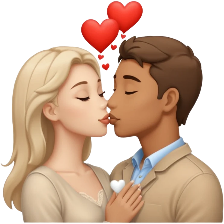 A man in pale beige clothes and a woman in pale beige clothes are kissing with white hearts emoji