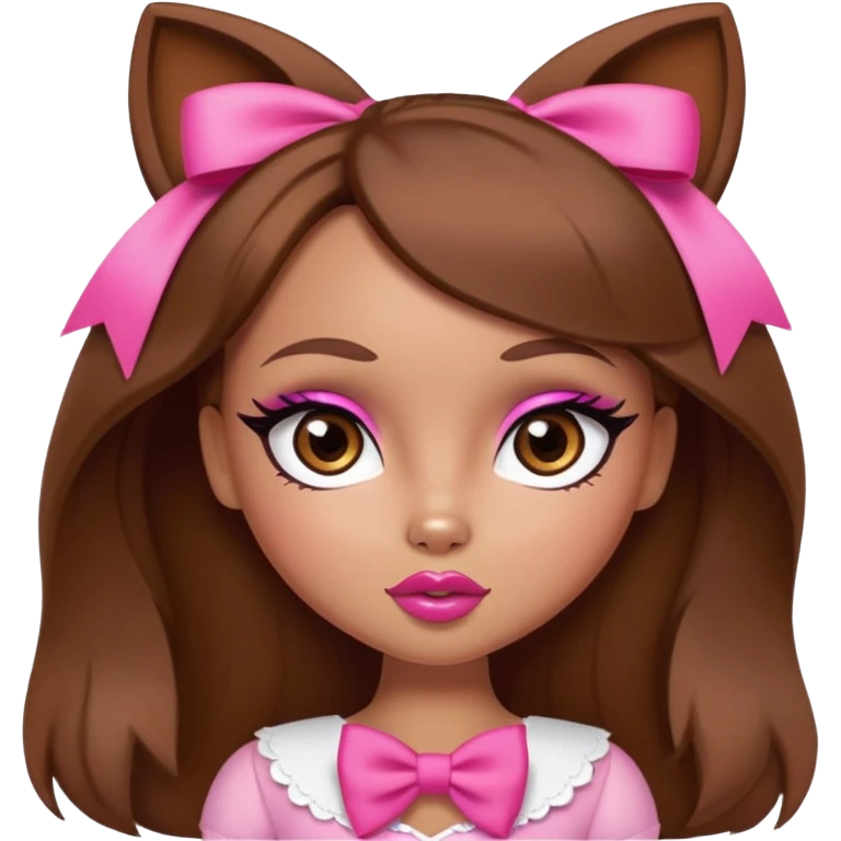 Bratz doll character with brown hair, pink bow, large lips, and almond-shaped foxy eyes emoji