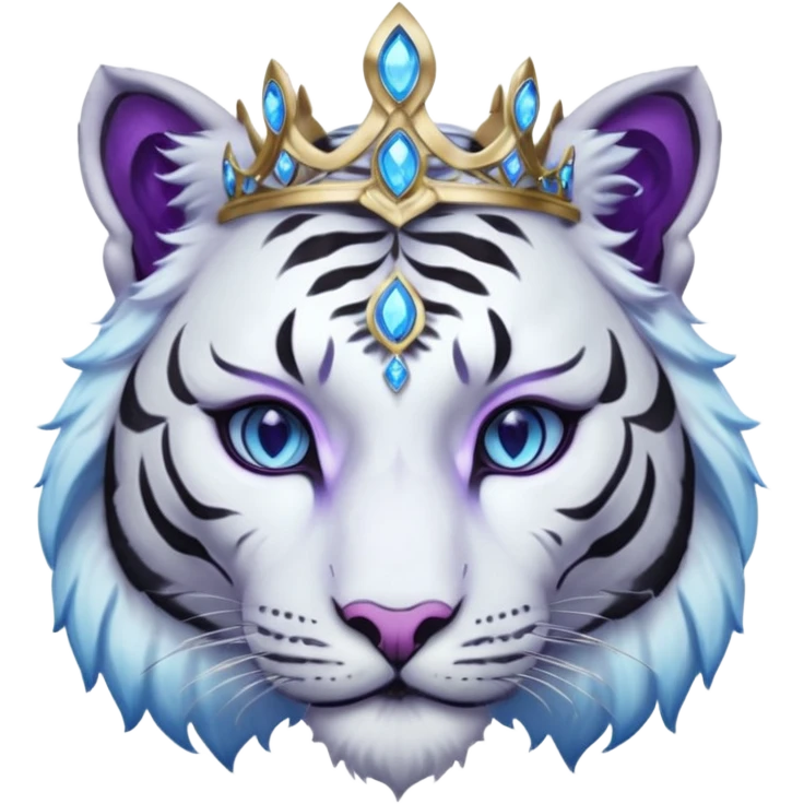 ESO Female white/black tiger khajiit leader of the umbral rose, glowing blue eyes, glowing blue 'third eye' gem; silver crown/tiara with purple gems emoji