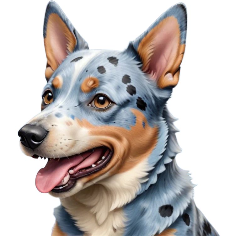 Cinematic Cute Yawning Blue Speckle Australian Cattle Dog Portrait Emoji, Head tilted slightly with a dramatic, wide-open yawn, showcasing a sleek blue speckle Fur with distinct markings, floppy ears slightly drooping, round blue eyes barely open in drowsy contentment, Simplified yet irresistibly adorable features, highly detailed, glowing with a soft, cozy glow, high shine, relaxed yet expressive, stylized with a touch of whimsy, bright and endearing, soft glowing outline, capturing the essence of a sleepy yet affectionate herder, so drowsy it feels like it could stretch out of the screen and curl up for a nap! emoji