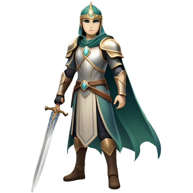 An icon featuring a hero with a closed visor, standing in a majestic, mystical landscape, inspired by RPGs like Elden Ring. The design includes a stunning, ethereal background with towering castles and distant mountains, symbolizing the adventure and mystery. Transparent background emoji