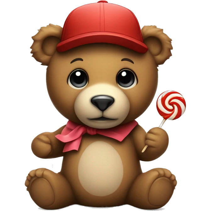 teddy bear with a cap and a lollipop in his hand emoji