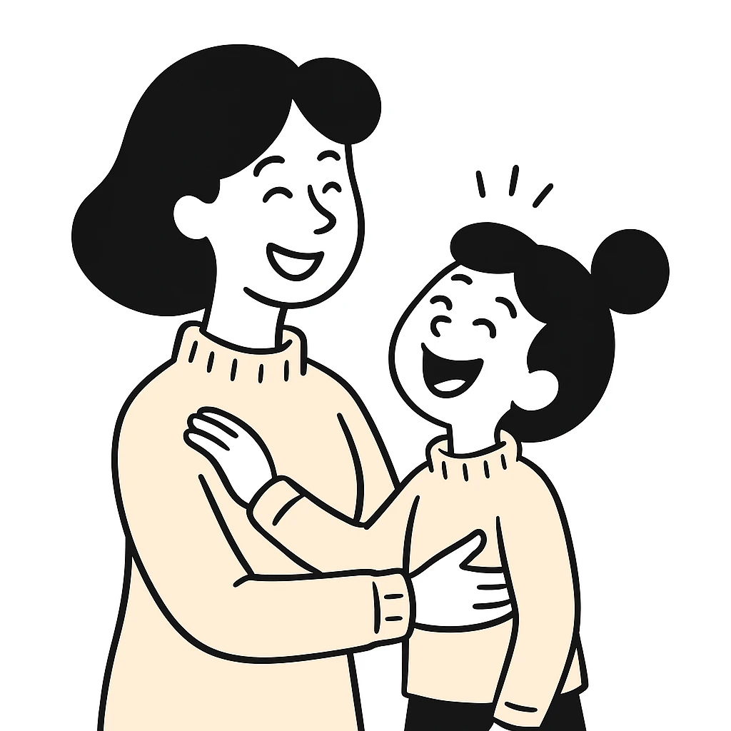 A happy mother with a child in beige clothes in different poses, doodle style emoji