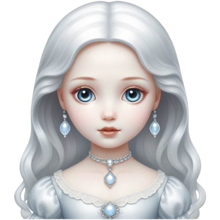 Cinematic, sitting, Ultra realistic 32k HD, hauntingly beautiful porcelain doll, Balanced features, highly detailed, glowing with silver light, high shine, remembrance, a painting of white silver, fanciful, enchanting, ghostly. The image is so lifelike it could leap off the canvas at any moment emoji