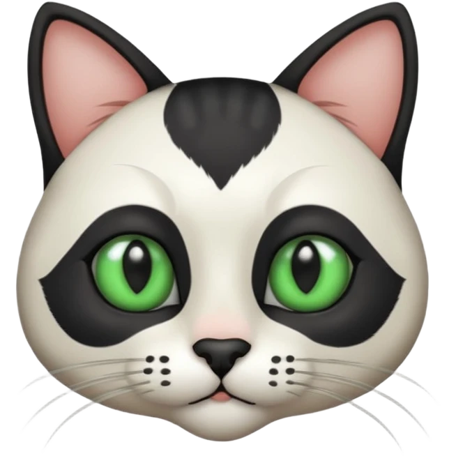 Haz una gata de ojos verdes la cara blanca con mancha negra en las orejas que agarra parte de la frente del lado der pero del iz va desde el ojo hasta la oreja la mancha, tiene la nariz negra en forma de corazón y todo lo que sobra de la cara, barbilla la nariz arriba y el lado de bigotes es blanca emoji
