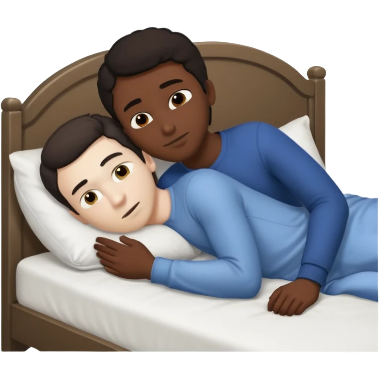 Black adult male and white male dark hair adult, naked, spooning in bed,rear view emoji