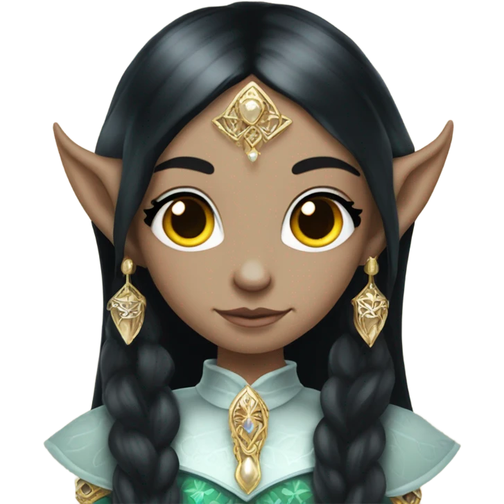 elf princess with pointy ears, white skin, black hair with jewellery,  emoji