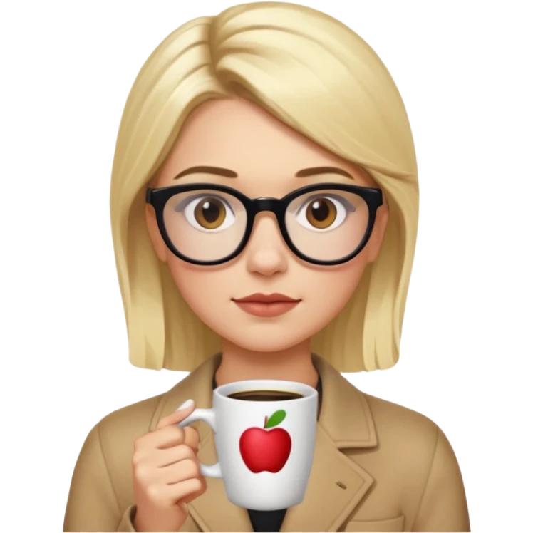 Chanel Oberlin, blonde hair, brown eyes, glasses, acne, dark eyebrows, holding a coffee cup, apple emoji style emoji