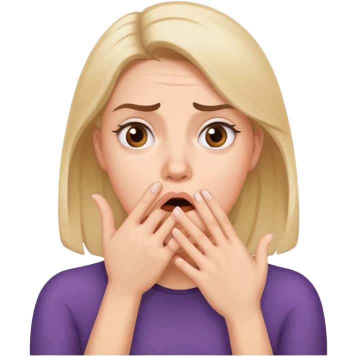 Woman with hand covering mouth, surprised and confused expression with furrowed brow emoji