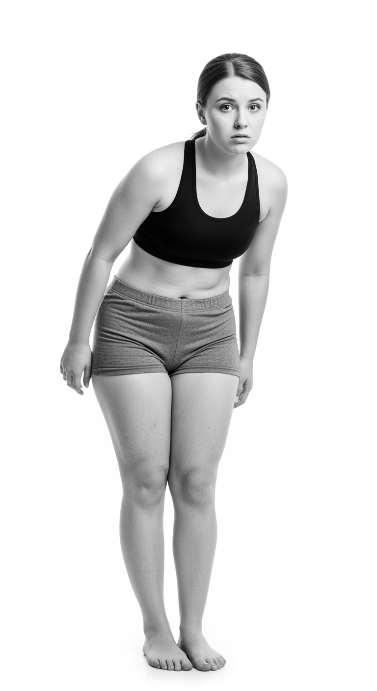 donna giovane con cellulite buchi di cellulite e ritenzione in gym short leggermente piegata in avanti, con espressione dispiaciuta in volto isolata su sfondo bianco emoji