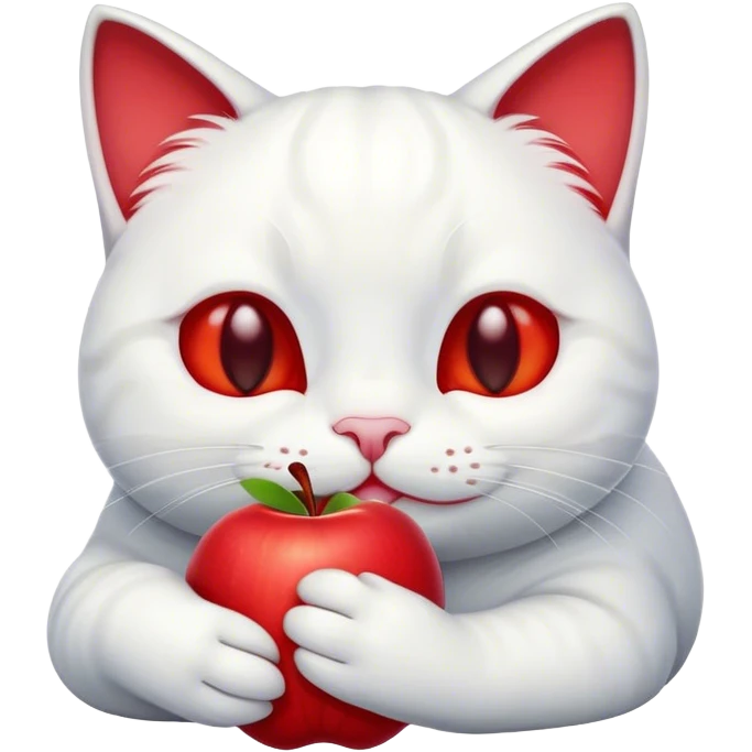 White cat smiling resting its head on and holding a red apple  emoji