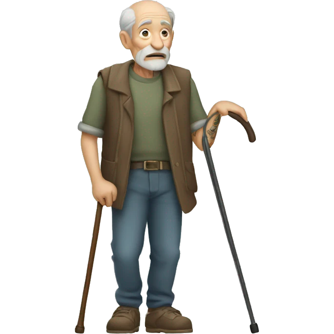 Old man with tattoos leaning on a walking cane holding his back with the other hand emoji