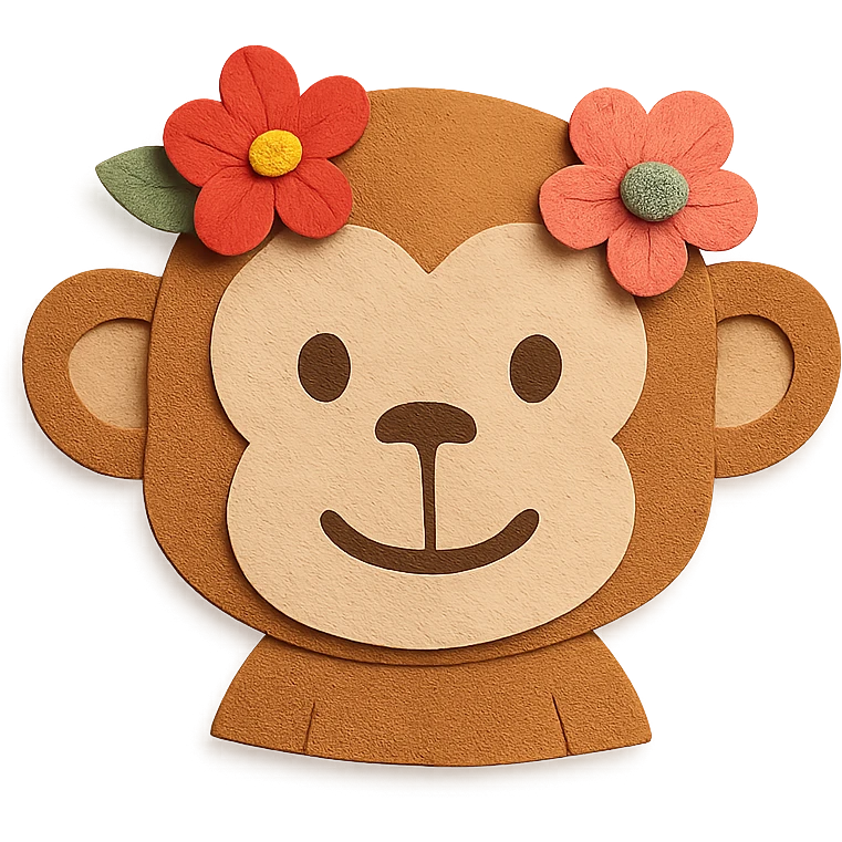paper craft style monkey with flowers, bust up emoji