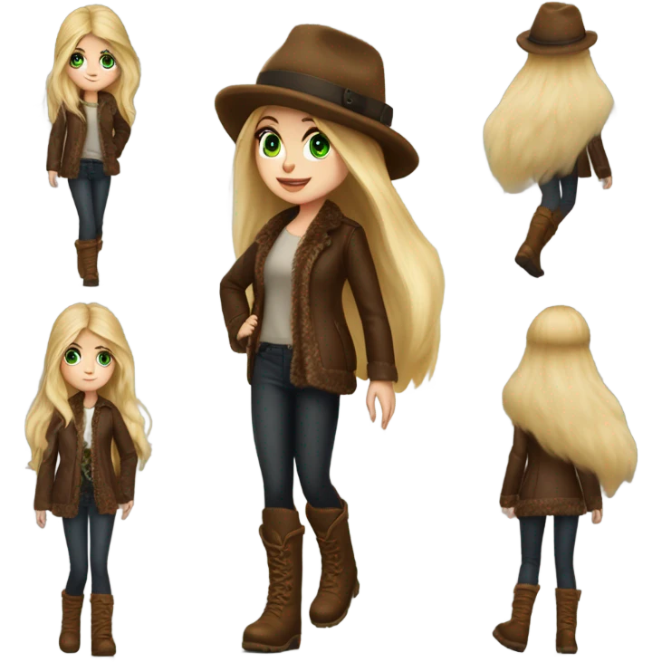 Realistic White girl with Long straight blonde hair, green eyes, tattoos, full body wearing Brown fur coat and fur hat and Brown leather boots, walking emoji