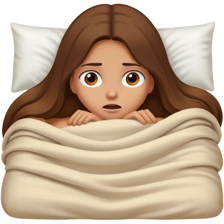 a tanned girl with brown long hair laying in bed hid under the blanket  in fear emoji