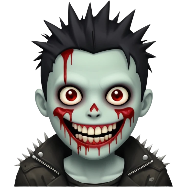 zombie boy withemo spiky hair, white skin, and white eyes; an open smile, and bloodied teeth; emoji