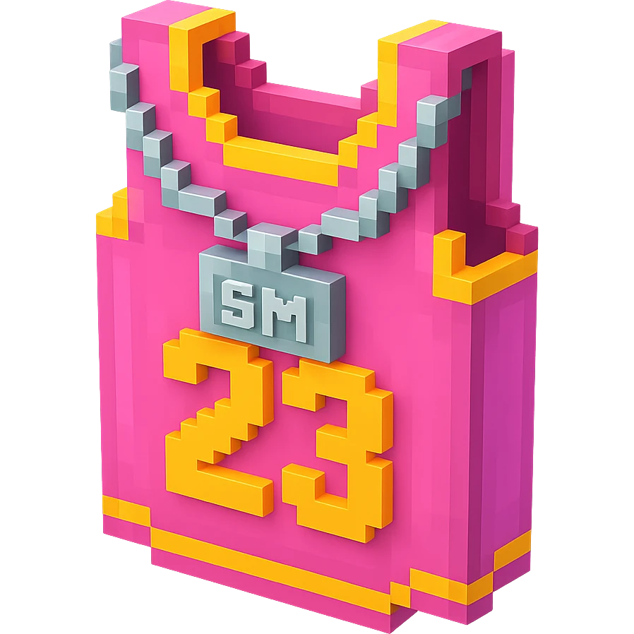 светящейся розовая баскетбольная майка с надписью "23" и серебряная цепь с надписью "SM", no background emoji