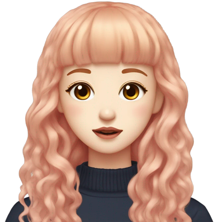 Minju Illit: clear and soft eyebrows, big eyes with big pupils, monolids, soft pink lips,pale and clear skin, long wavy ginger hair with bangs emoji