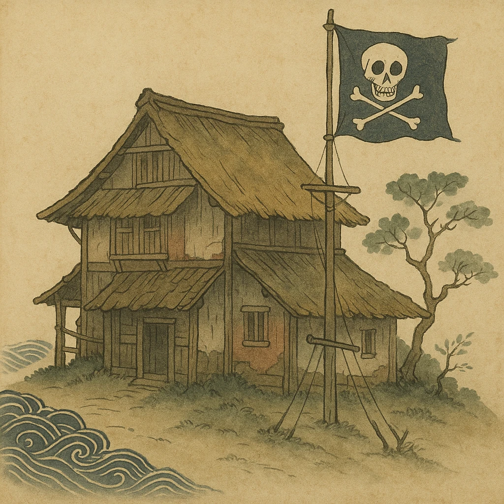 old pirate's house with skull flag emoji