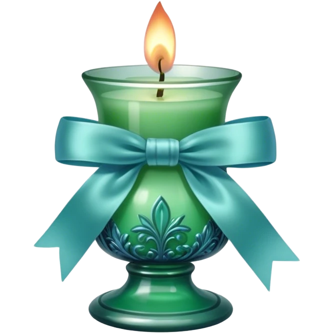 A soft blue candle in an ornate green glass holder, tied with a delicate satin blue bow. emoji