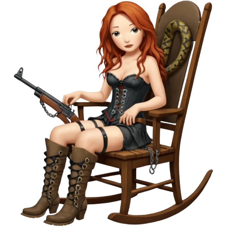 cinematic realistic ultra HD old and tired Tori Amos casually crouches on a rocking chair in a torn corset, holding a double-barreled rifle and with muddy feet. a big snake wrapped itself around the chair emoji