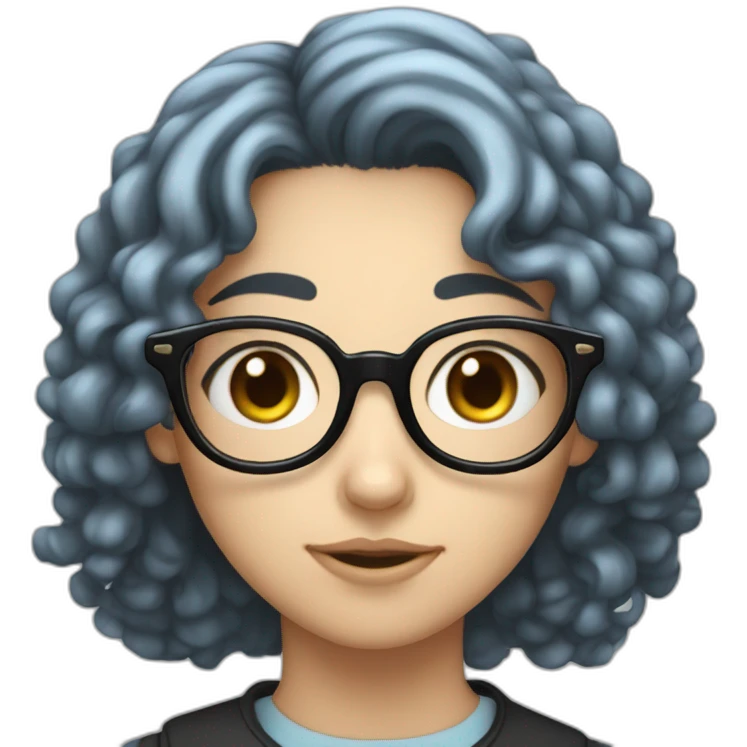 a very dull light blue and black haired 17 year old girl with specs with a curly haired guy with specs emoji