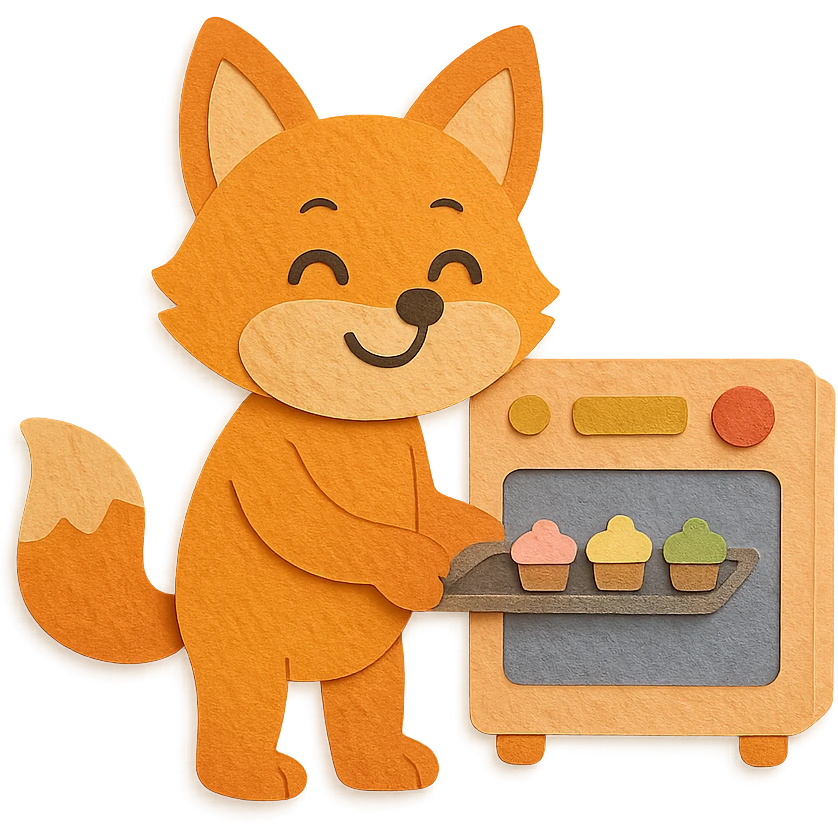 soft warm colored electric oven fox, baking mini cupcakes, happy face, full-body emoji