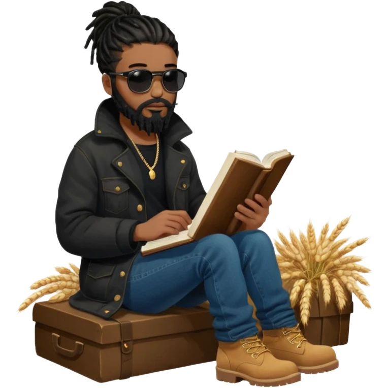 African American man with shoulder length black dreadlocks with black beard wearing black sunglasses wearing a black bubble winter coat wearing denim skinny jeans wearing wheat timberland boots reading the bible emoji