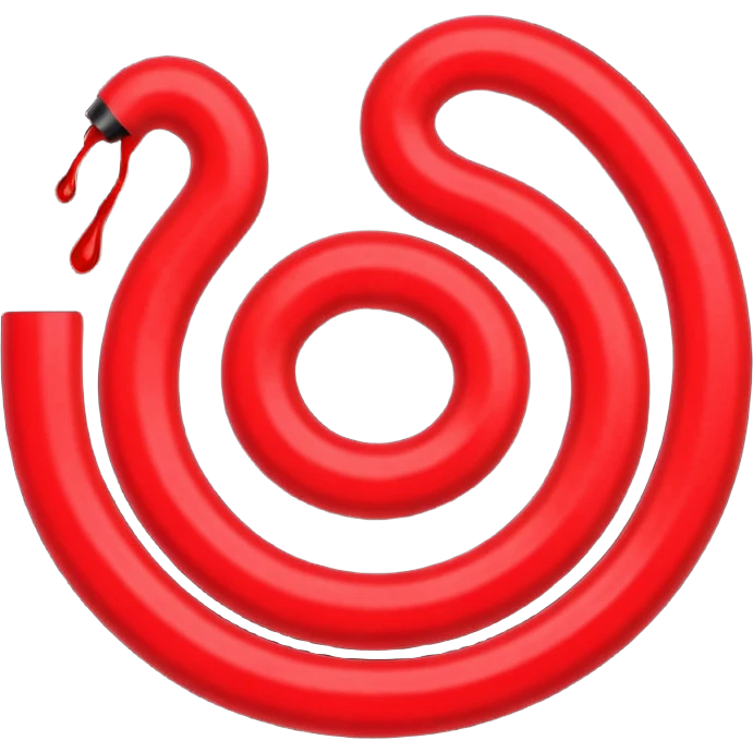 Minimalist emoji-style sticker of a coiled red carpet with drops of blood on the floor around it. Flat design, black and desaturated red tones, no perspective, bold lines. emoji