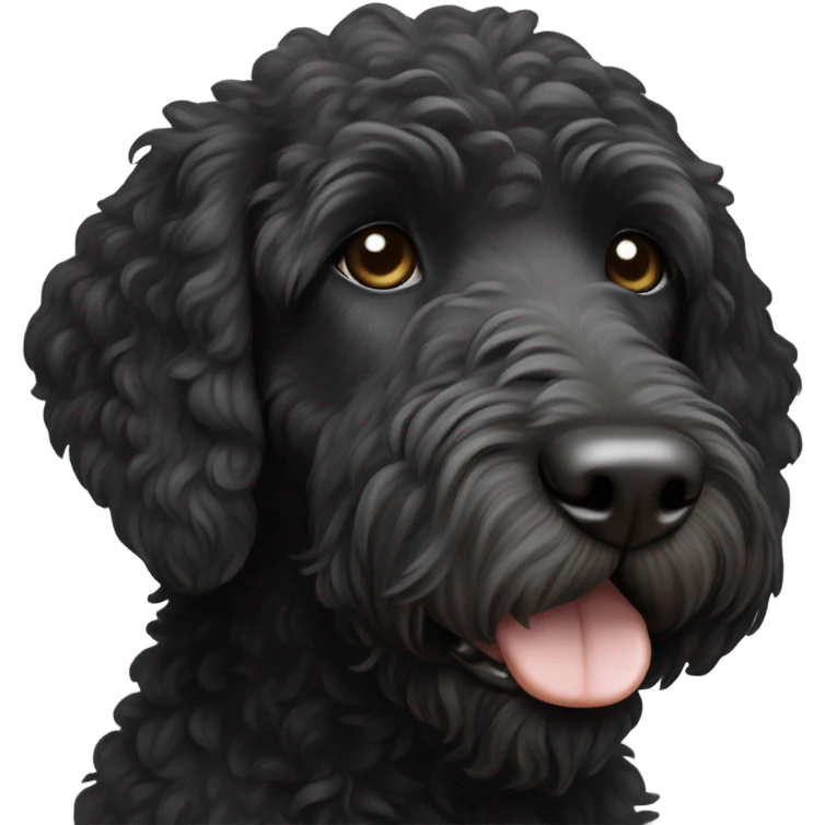 Black labradoodle with white chest patch and chin emoji
