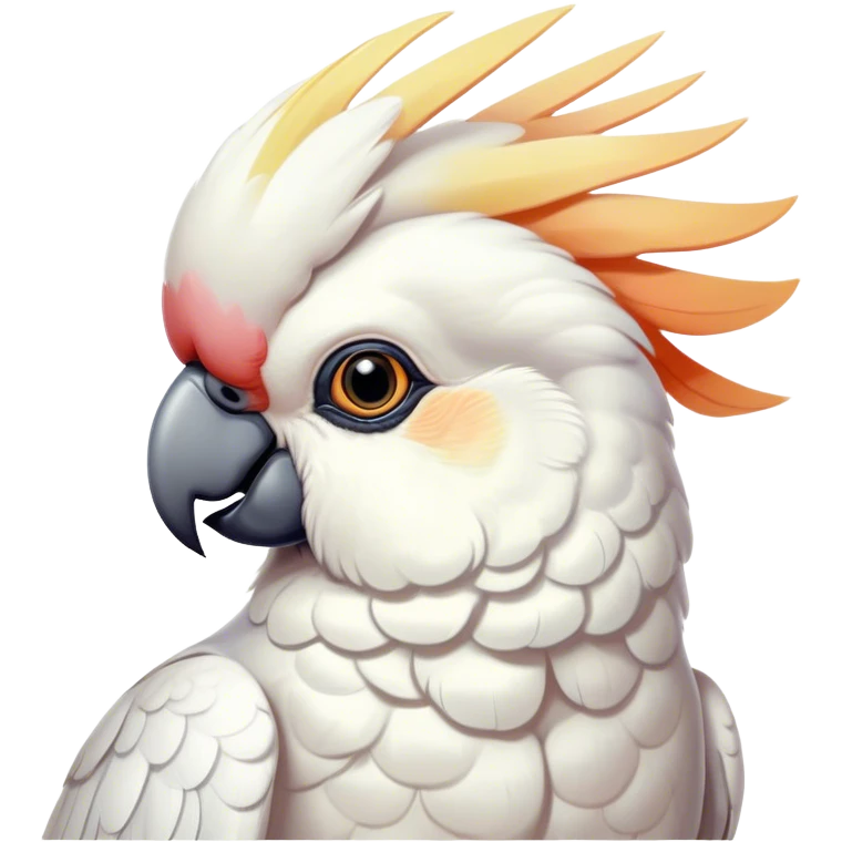 Cinematic Noble Cockatoo Portrait Emoji, Poised and regal, with a striking, crest-adorned head of brilliant white and pastel hues, a robust, curved beak, and piercing, intelligent eyes, Simplified yet sharp and sophisticated features, highly detailed, glowing with a soft, tropical luminescence, high shine, intelligent and majestic, stylized with an air of avian elegance, focused and alert, soft glowing outline, capturing the essence of a watchful and confident cockatoo that appears ready to unfurl its crest out of the screen with effortless authority! emoji