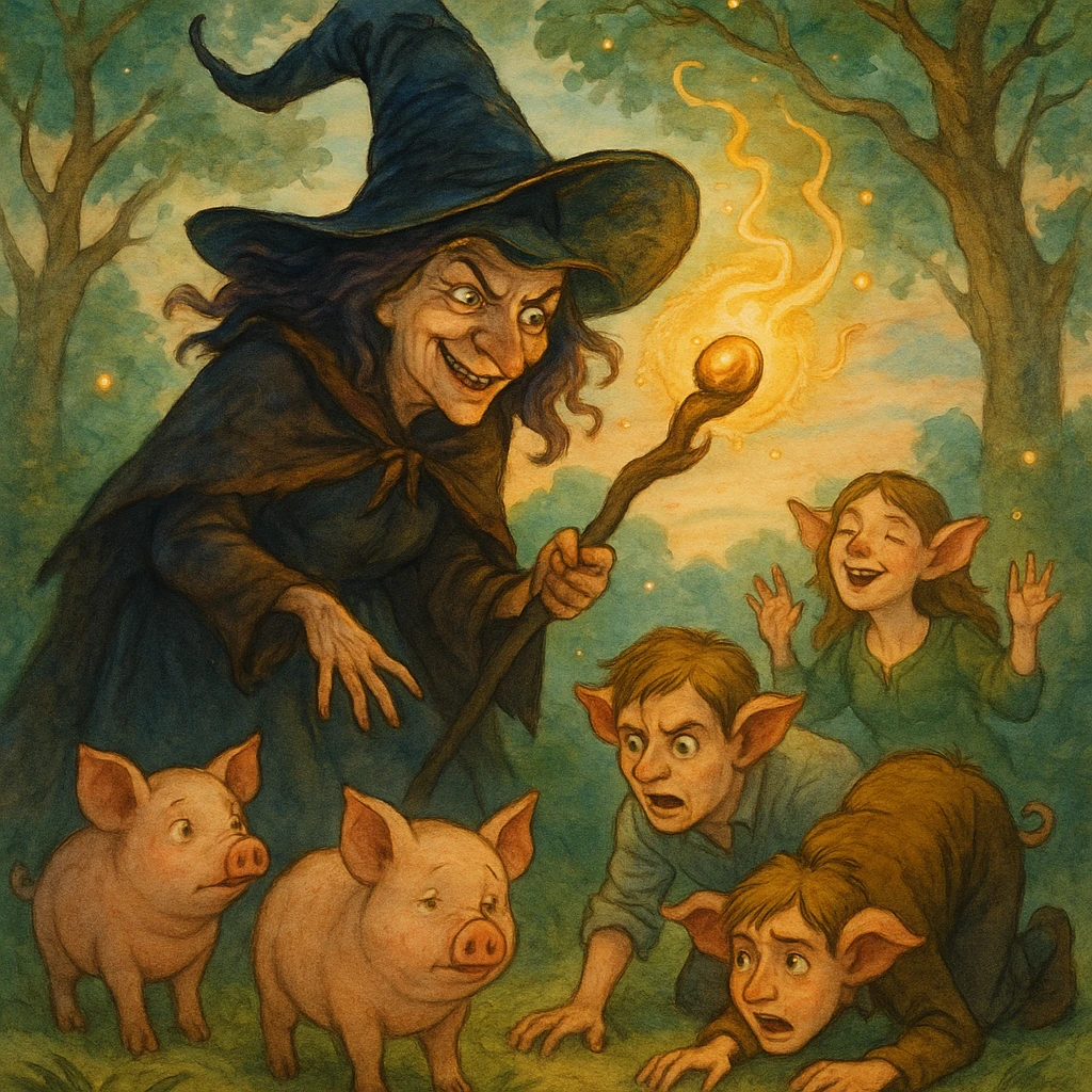 magical witch with a staff transforming humans into pigs, mischievous expression, fairy tale atmosphere, illustrative style emoji