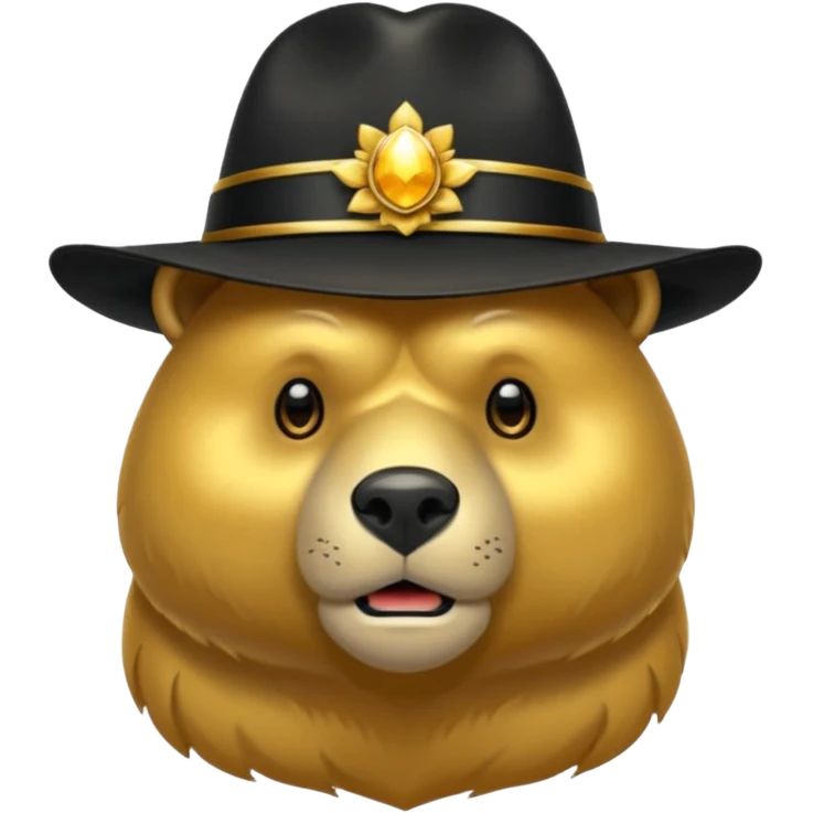 Oso dorado con sombrero negro  elegante y moño negro triste animatronico emoji