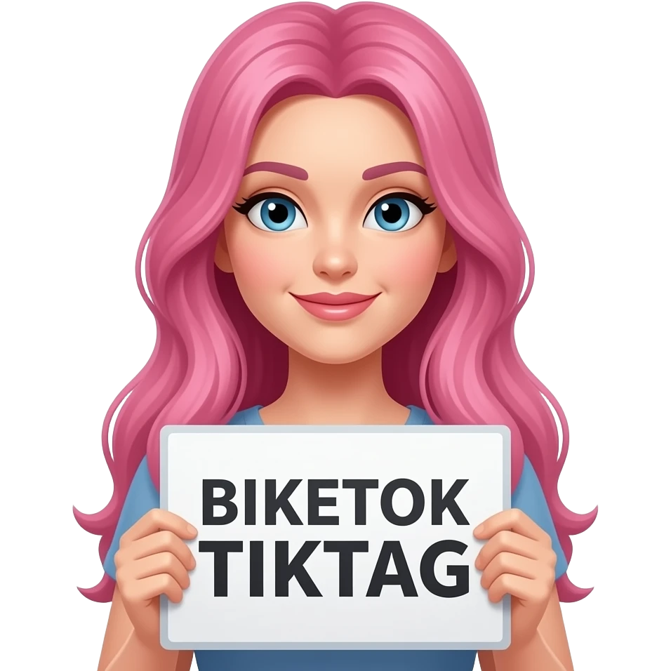 sexy girl with long pink hair holding a BIKETOK TIKTAG sign emoji