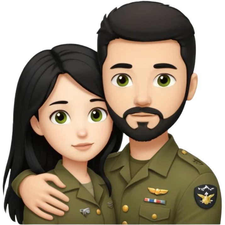 Emoji of me and boyfriend hugging , I’m black hair long dreamy eyes cute and he’s dark brown military hair style eyes light brown greenish and have goatee beard  emoji