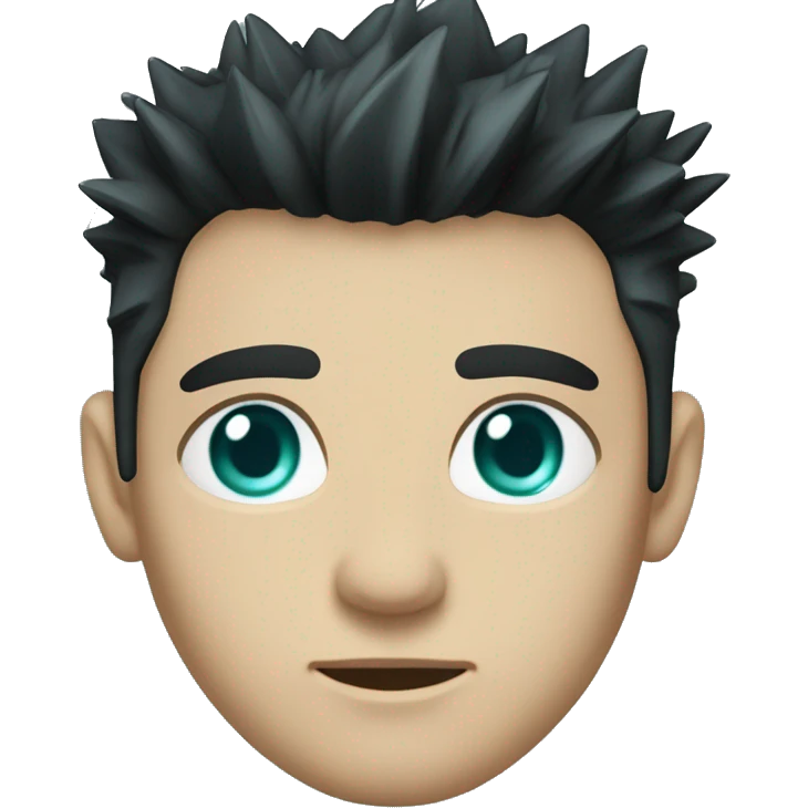 have short, spiky, jet-black hair with teal highlights emphasize his sharp, intense look. have teal eyes are striking and appear piercing or cold, reflecting his focused and calculating personality. emoji