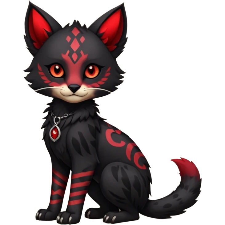 Cute accessorized kawaii cool edgy badass  dark obsidian-black fur with crimson glowing runic markings fantasy-caracal-civet-genet-sergal-vernid-Gryphon-Cacomistle-Trico-oncilla-animal-Fakémon-hybrid-fursona (full body), facial markings, (realism style) emoji